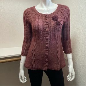 DKNY 🐑 Plum Wool Blend Cable Knit Floral Sweater Cardigan Sz S